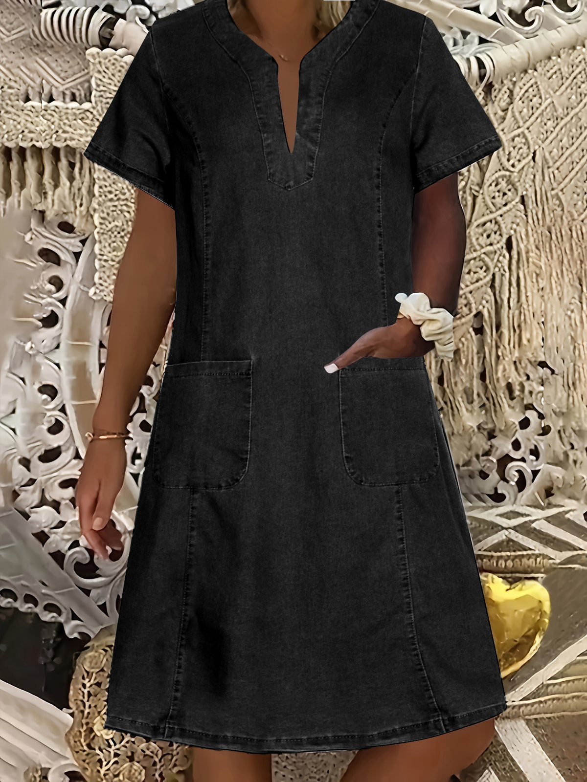T-selling New Women's V-neck Pleated Pocket Short-sleeve Denim Dres…