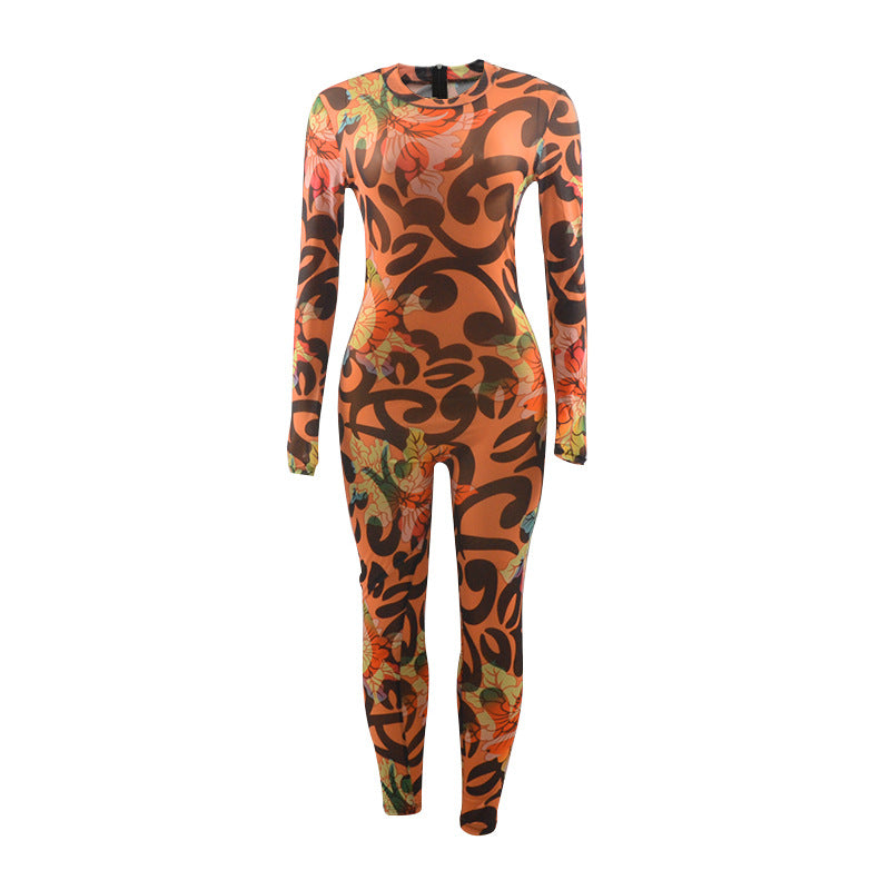 Retro Print High-Elastic Skinny Mesh Jumpsuit