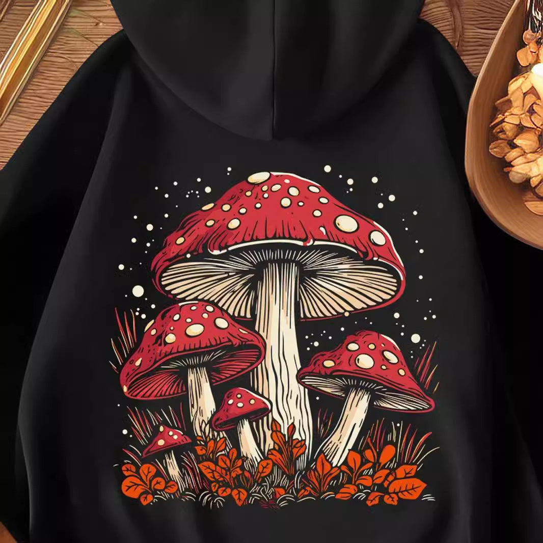 Women's Mushroom Print Velvet Hoodie Streetwear Sweatshirt
