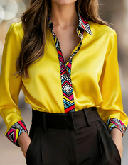 Women's American Retro Color Block Geometric Print Collar Long Sleeve Loose Shirt