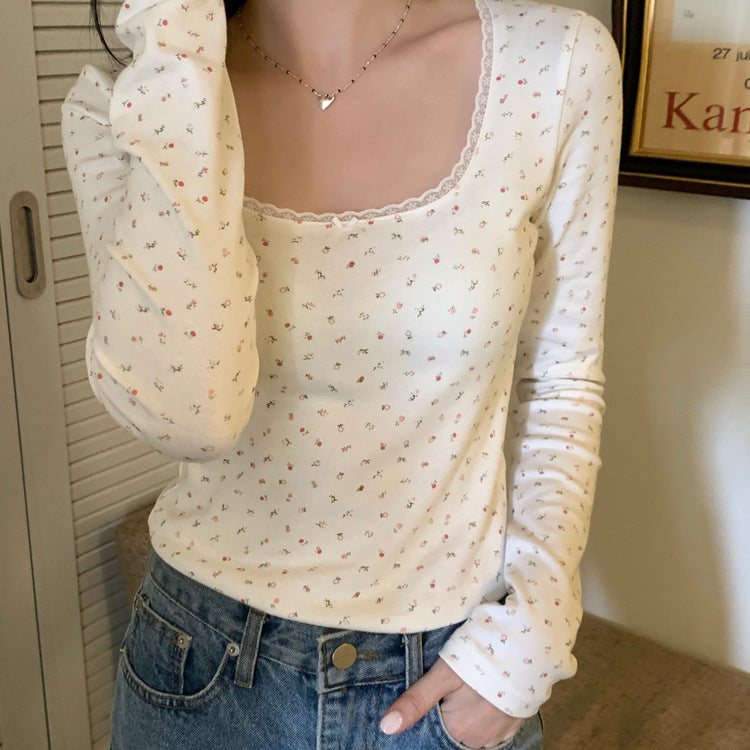 Floral Lace Long Sleeve Slim Crop Top