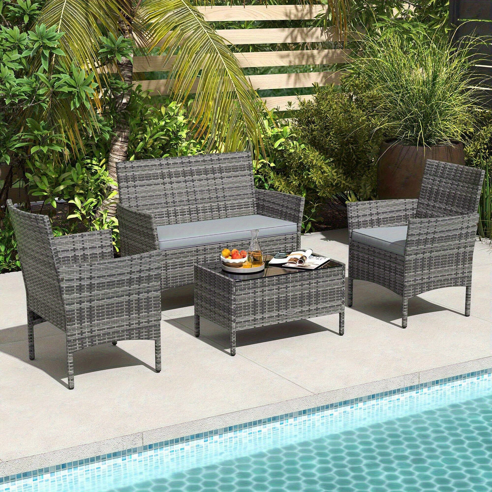 [4pcs Patio Set] MULTIGOT 4pcs Patio Furniture Set With Washable Cushions And Tempered Glass Coffee Table Gray