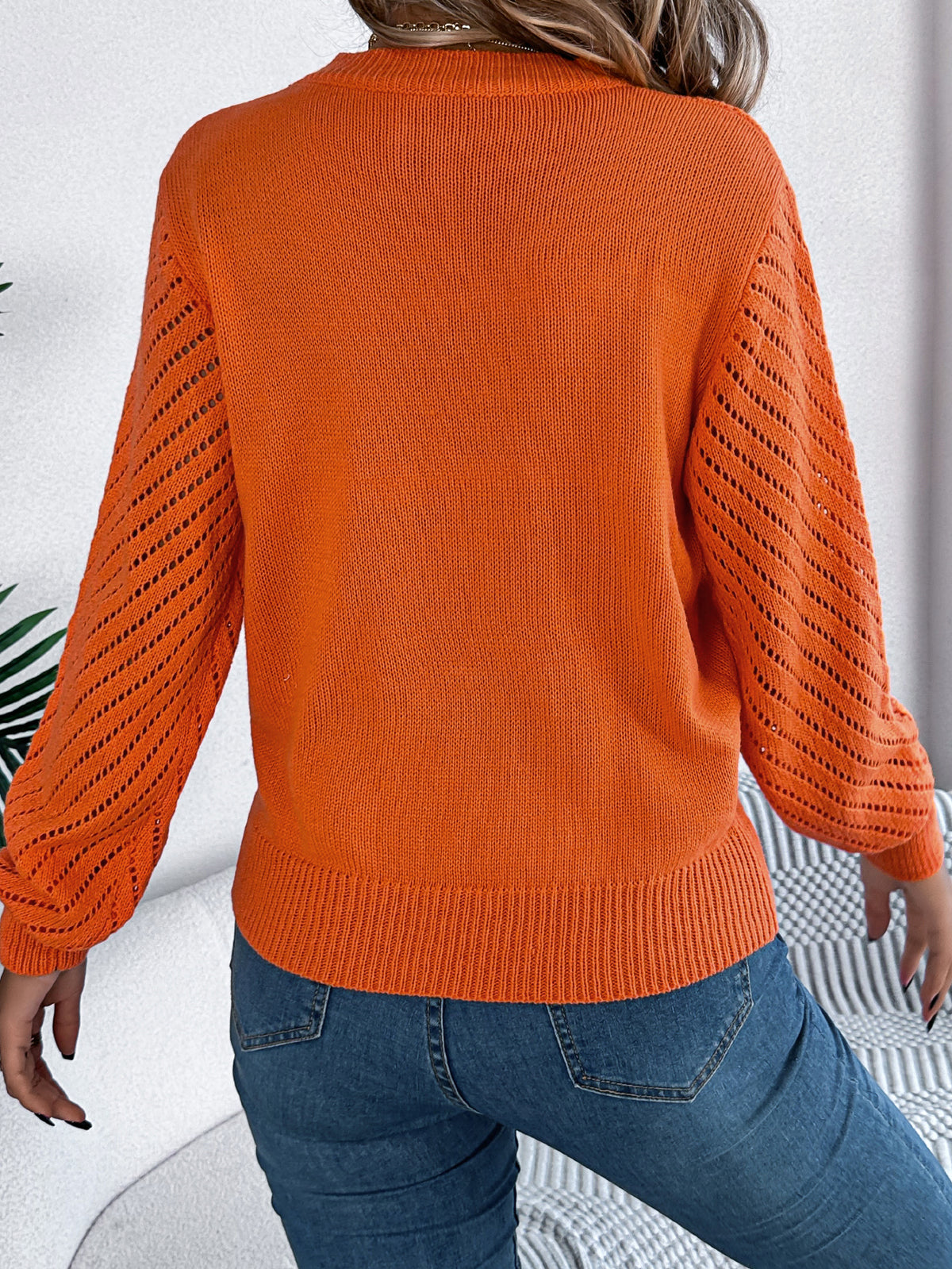 Women Casual Solid Color Crew Neck Hollow Out Lantern Sleeve Sweater