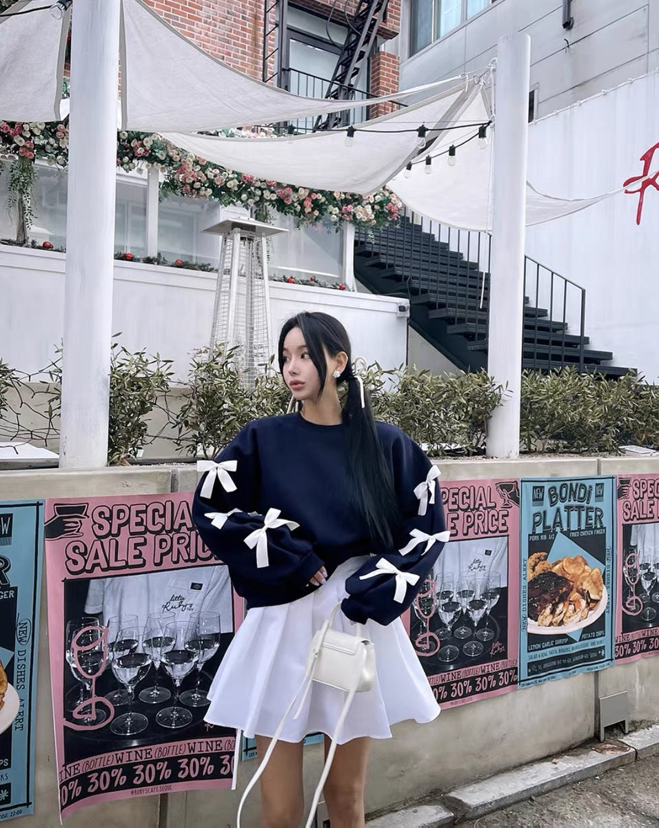 Women's Casual Loose Bow Knit Sweater with Lantern Sleeves