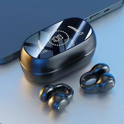 Bone conduction wireless earbuds with charging case and built-in mic