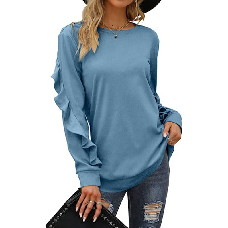Chic Pleated Long Sleeve Round Neck Casual Women's Sweater