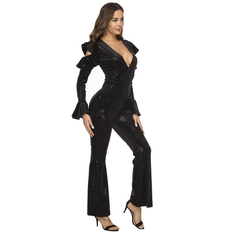 Elegant Deep V-Neck Long Sleeve Jumpsuit