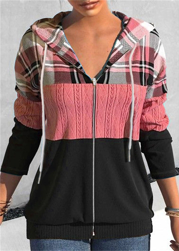 Women's Plaid Hooded Zipper Cardigan Sweater