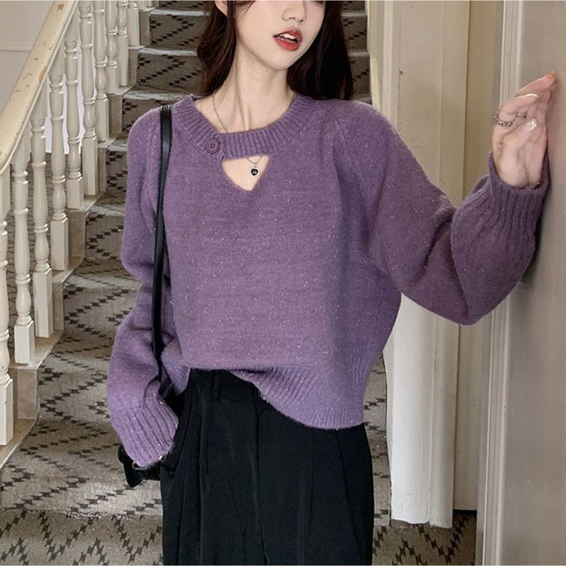 Knitted Sweater Women's Autumnwinter Korean-style Loose-fit Slimming Top with Exposed Collarbones and Long Sleeves