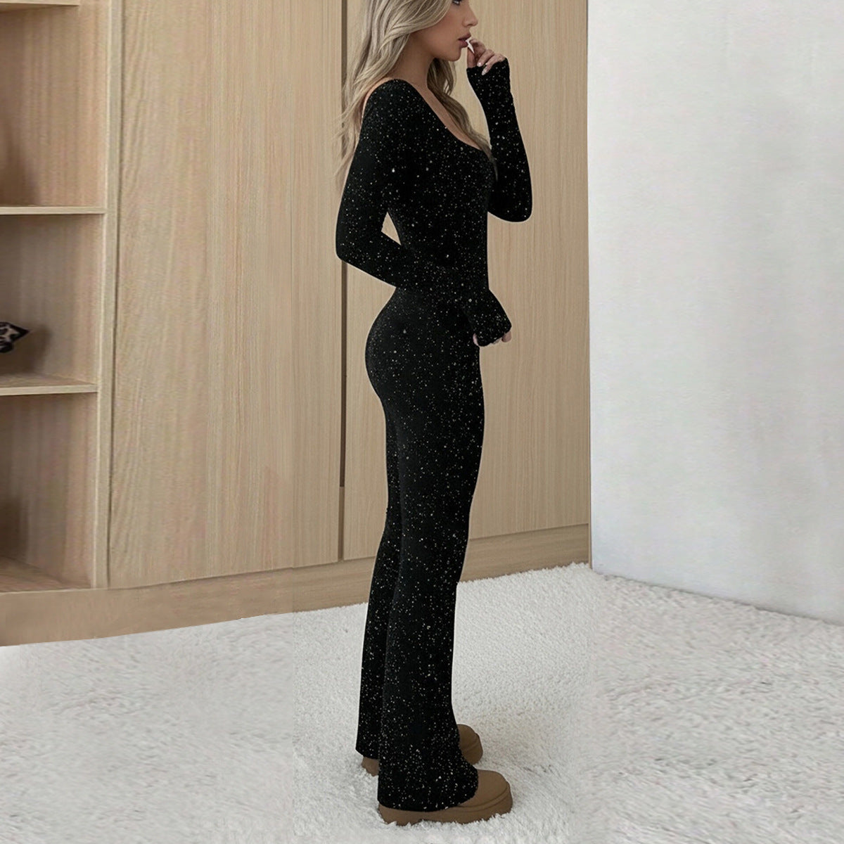 Women's Elegant Slim-Fit Square Neck Silver Jumpsuit