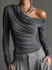 Slim‑Fit Pleated Long‑Sleeve Top with Slanted Shoulder
