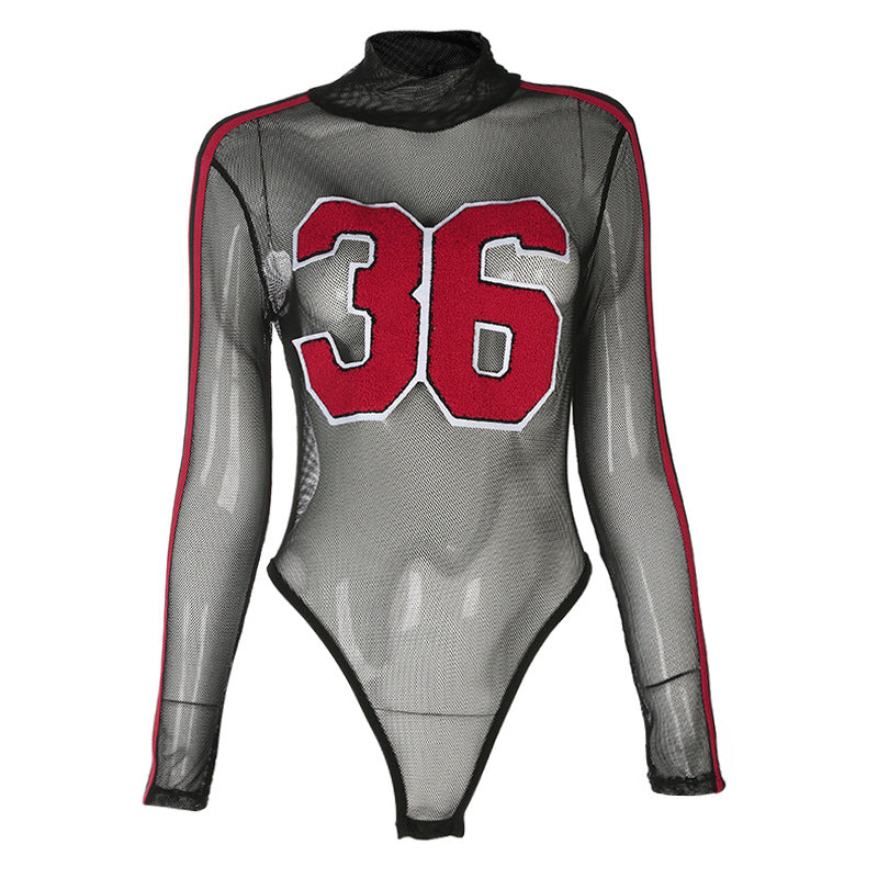 Sexy Striped Mesh Long-Sleeve Bodysuit