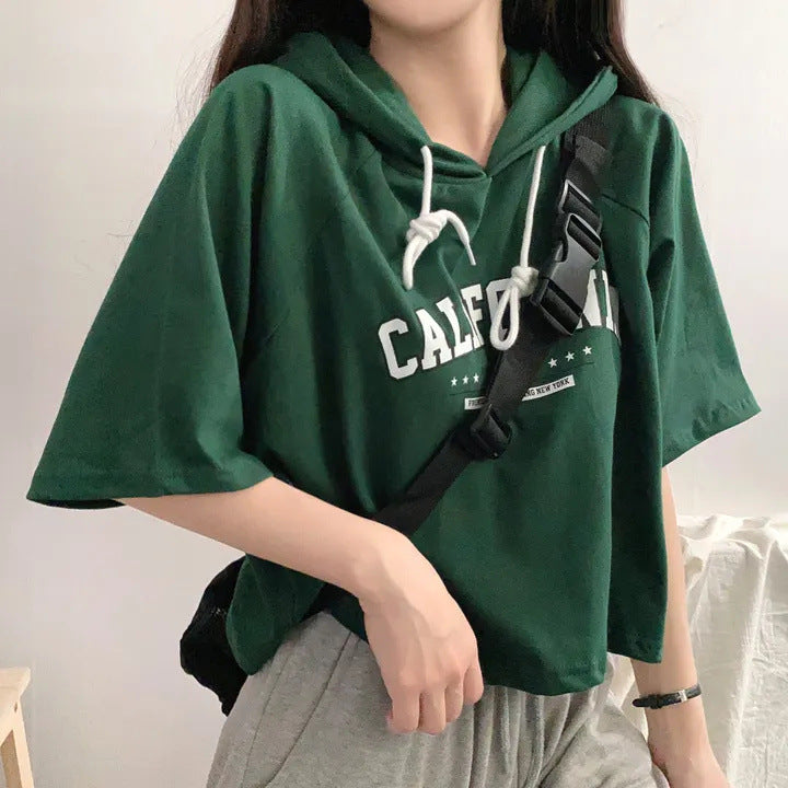 Casual Letter Print Short Sleeve Hooded Tee