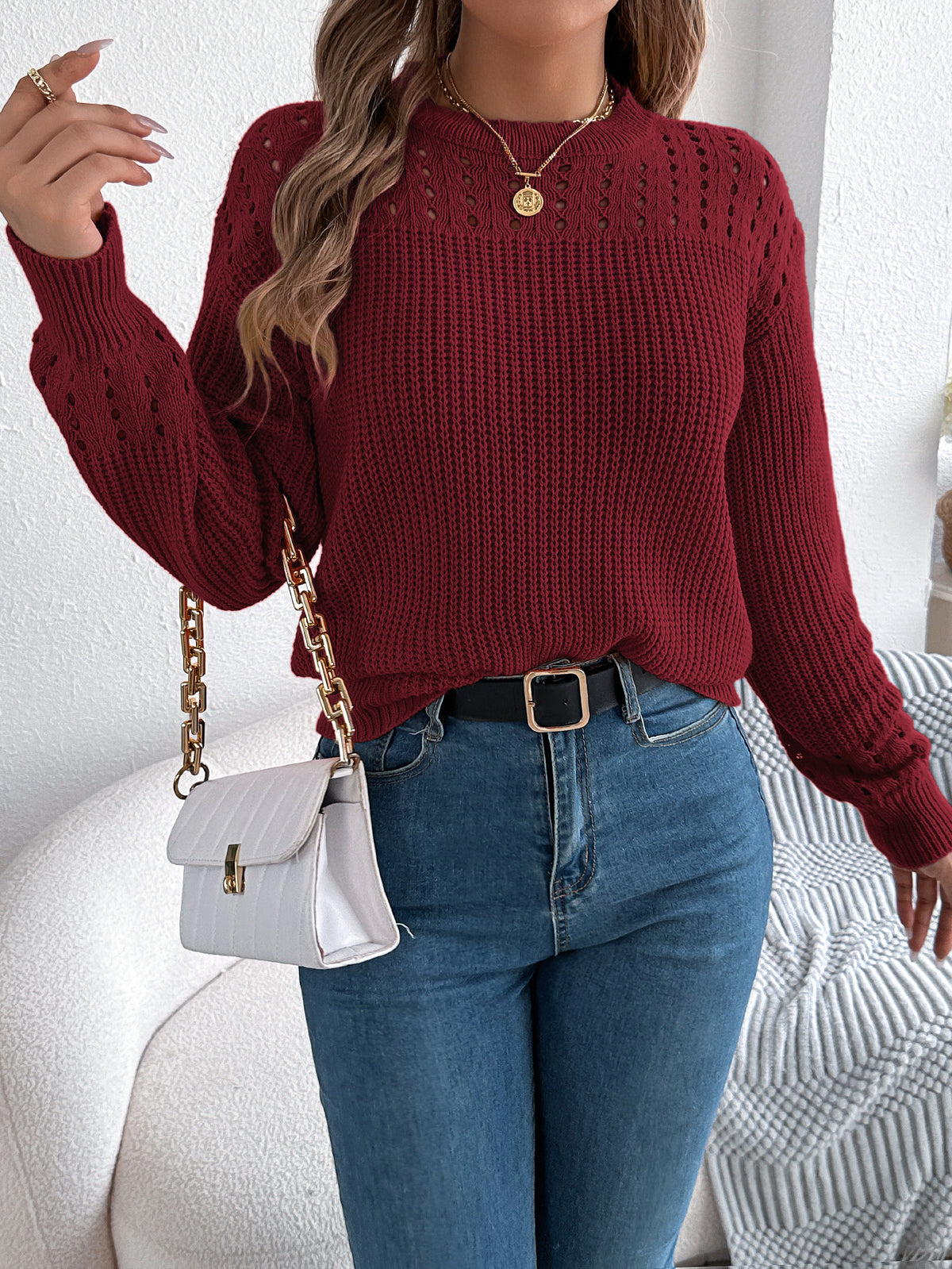 Women Casual Solid Color Hollow Out Lantern Sleeve Pullover Sweater