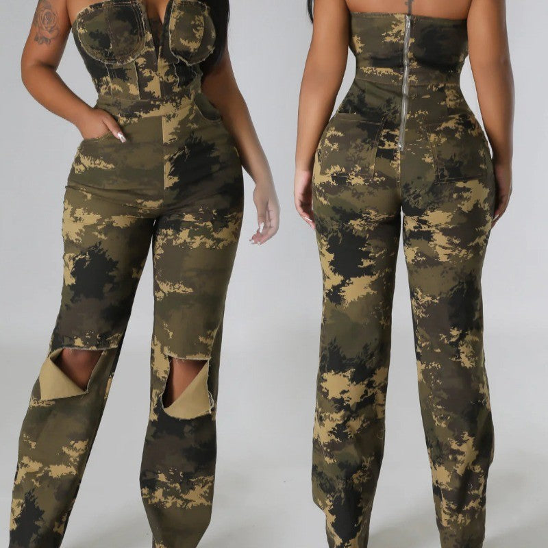 Off-shoulder Camouflage Chic Western-style Womens Jumpsuit