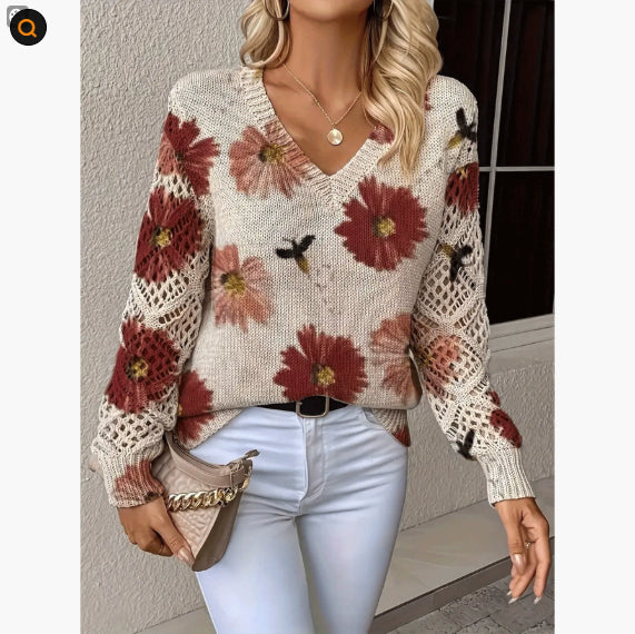 Elegant Bohemian Floral V-neck Long Sleeve Fashion Printed Sweater
