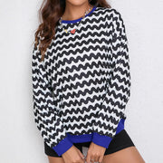 Wave-patterned Color-Block Long-Sleeve Crewneck Loose-Fit Pullover Sweatshirt