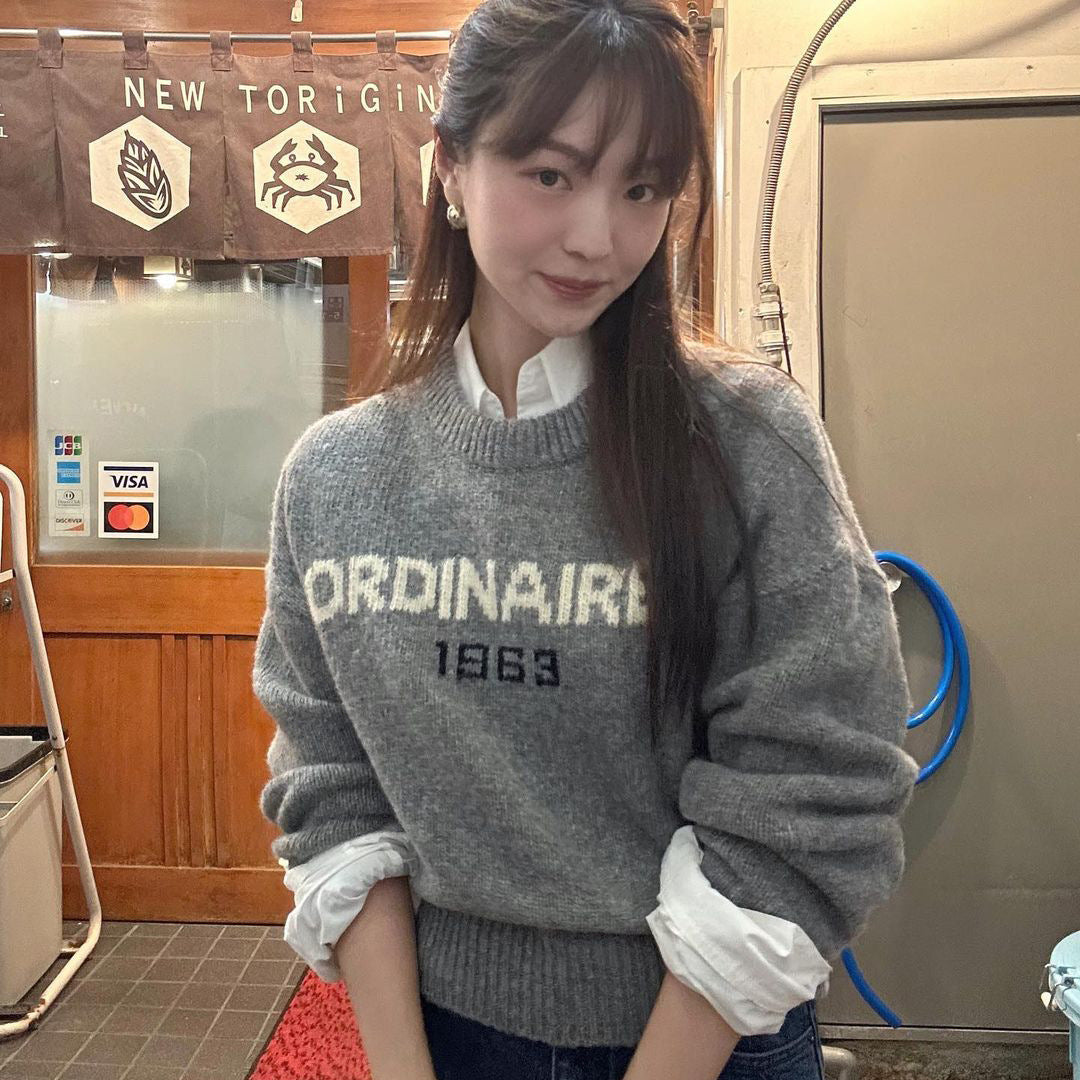 Retro Alphabet Knit Sweater Cozy Casual Crewneck Pullover