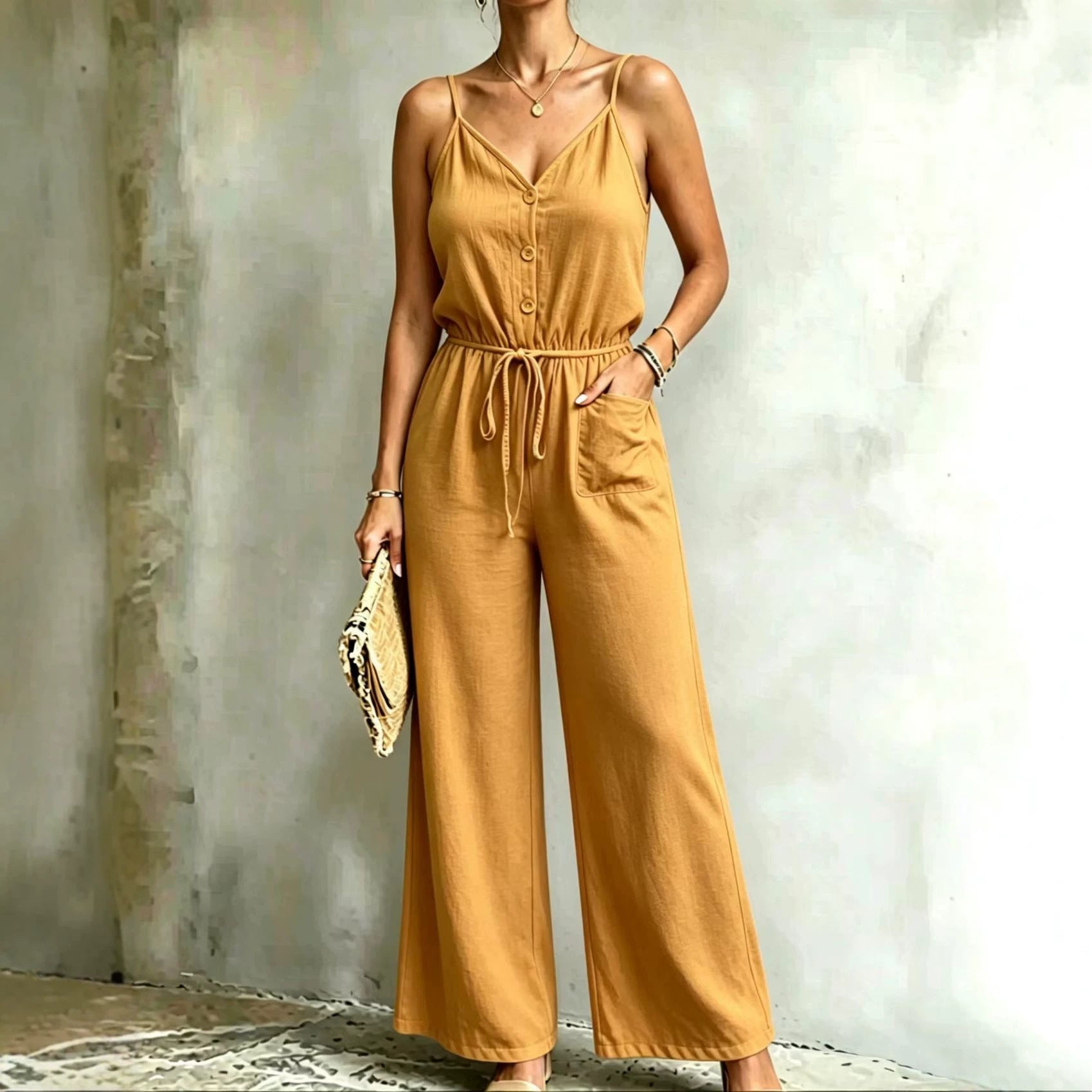 Womens Solid-color Casual Belted Strap Jumpsuit