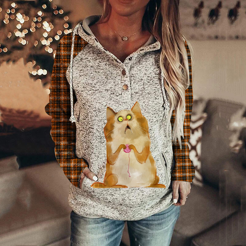 Retro Animal Nature Print Button Hoodie