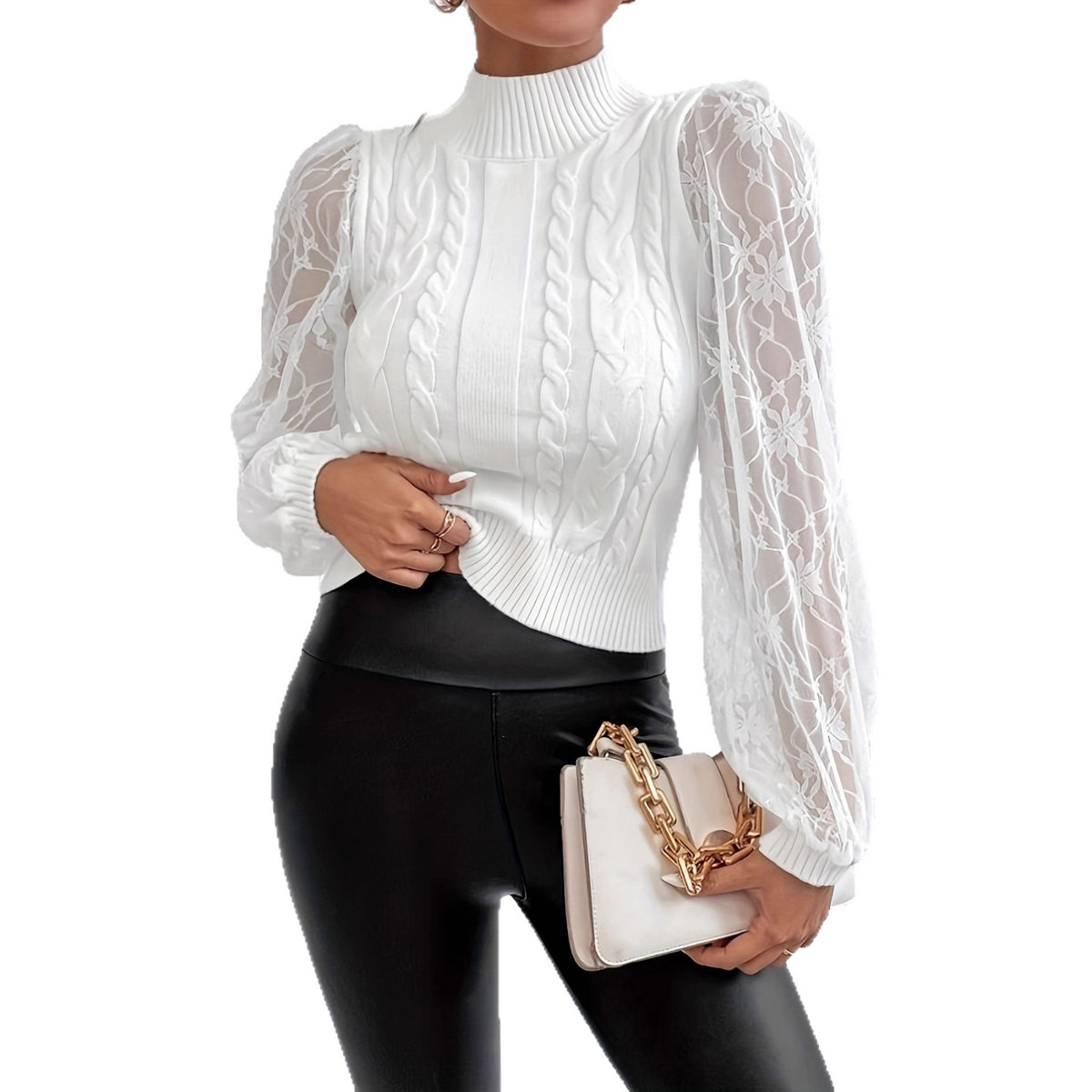 Womens Fashionable Casual High-neck Lace Top