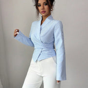 Striped Long-Sleeve Elegant Strap Women's Blouse