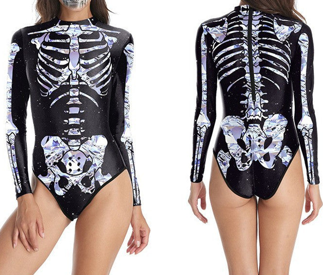 Women's Long-sleeved 3d Digital Printing Skull Skeleton One-piece Swimsuit