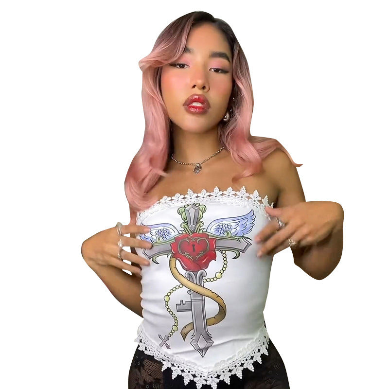 Cross Print Lace Stitching Sleeveless Tube Top