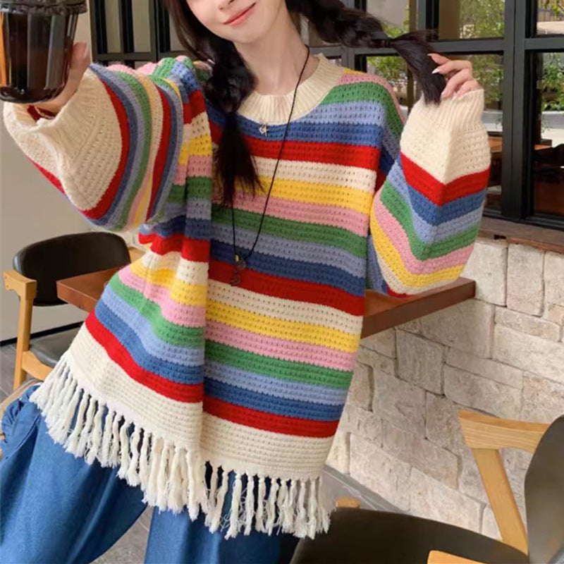 Rainbow Striped Tassel Hollow Out Sweater