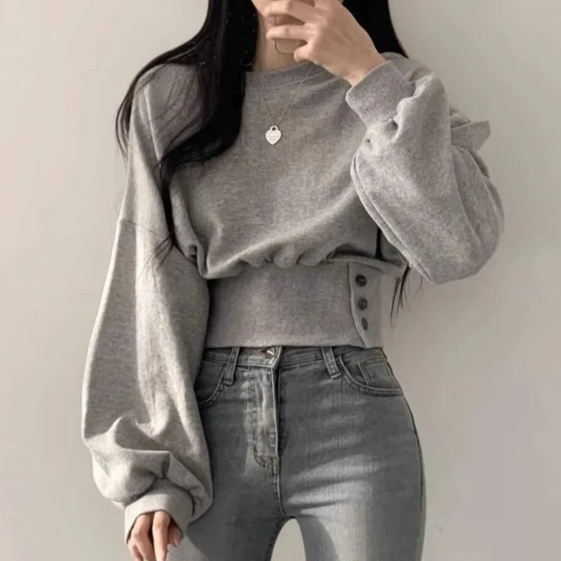 Cropped Button Long Sleeve Sweatshirt for Women