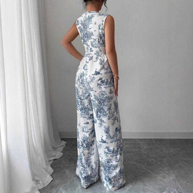 Elegant Blue & White Porcelain Print Wide-Leg Jumpsuit