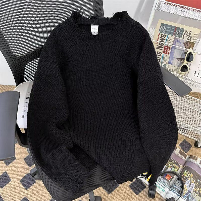 Autumn and Winter Ripped Pullover Round Neck Loose Knit Sweater