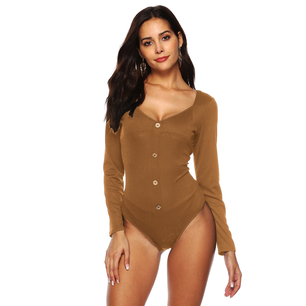 Women's Ribbed Long-Sleeve Backless Deep U Jumpsuit
