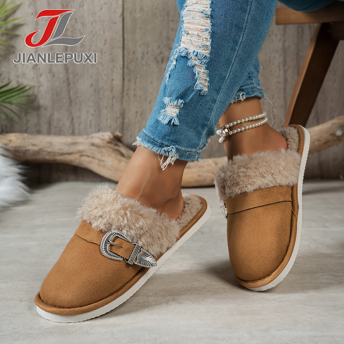Unisex Plush-Lined Buckle House Slippers – Silent and Comfortable
