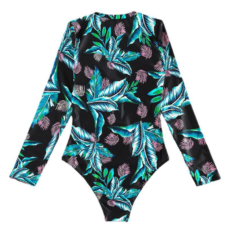 Floral Long Sleeve One-Piece Conservative Swimsuit