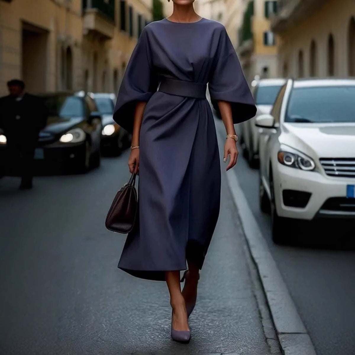 Elegant Solid Color Batwing Sleeve Casual Maxi Dress