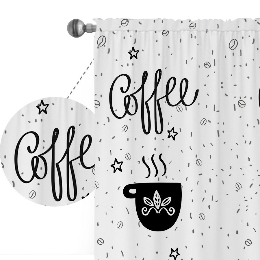 Black and White Cartoon Coffee Painting Digital Printing Curtain