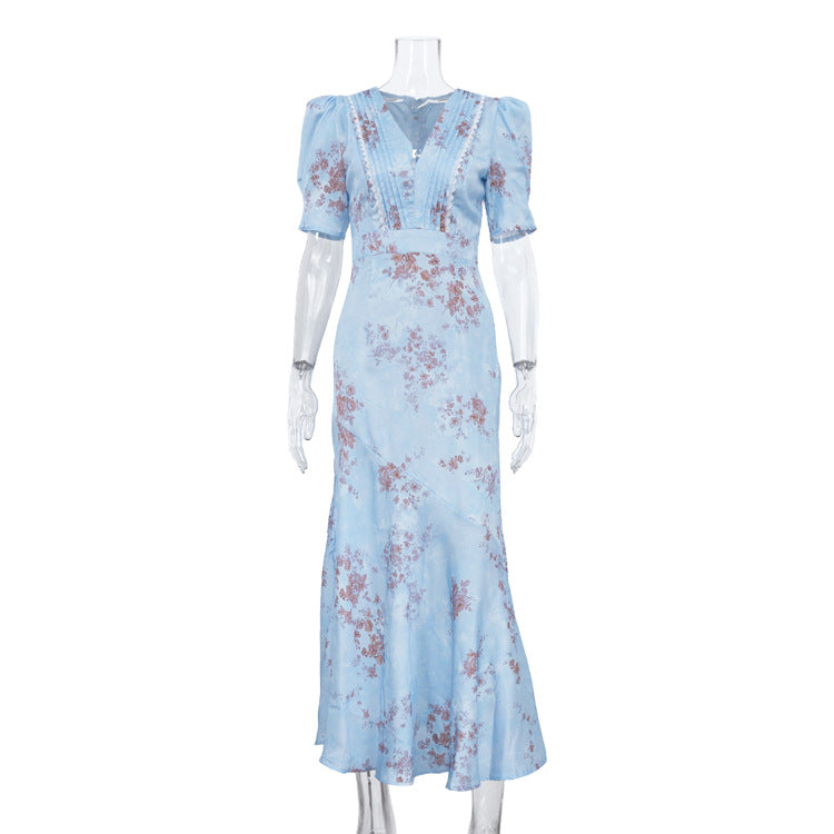Floral Lace Trim Pintuck Mermaid Maxi Dress