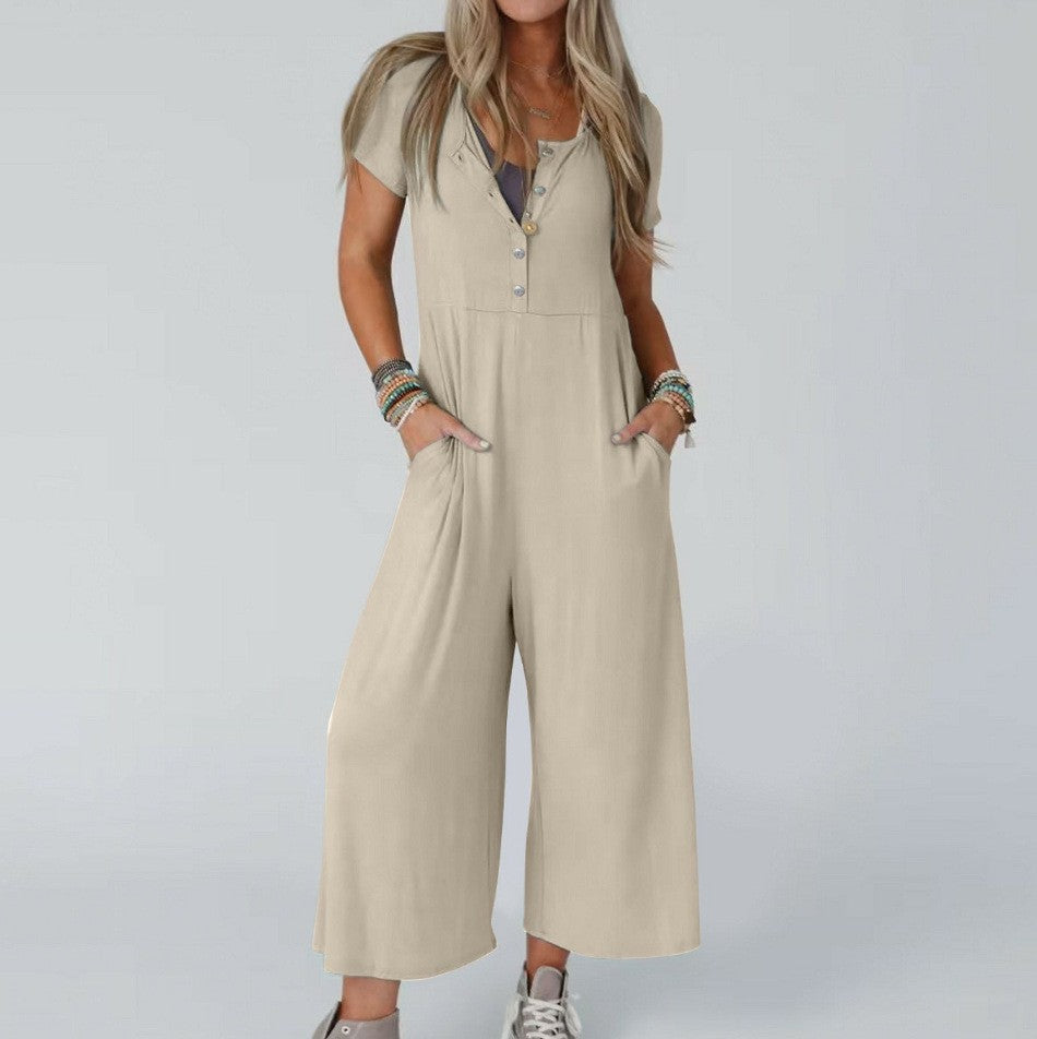 Women's Casual Slim-Fit Short-Sleeve Jumpsuit with Pockets