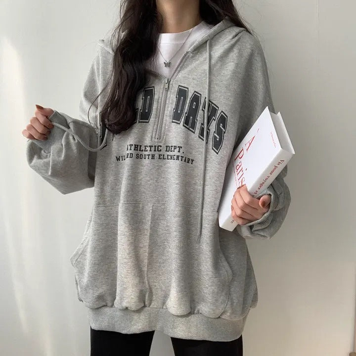 Youth Zipper Letter Sweater Casual Hoodie
