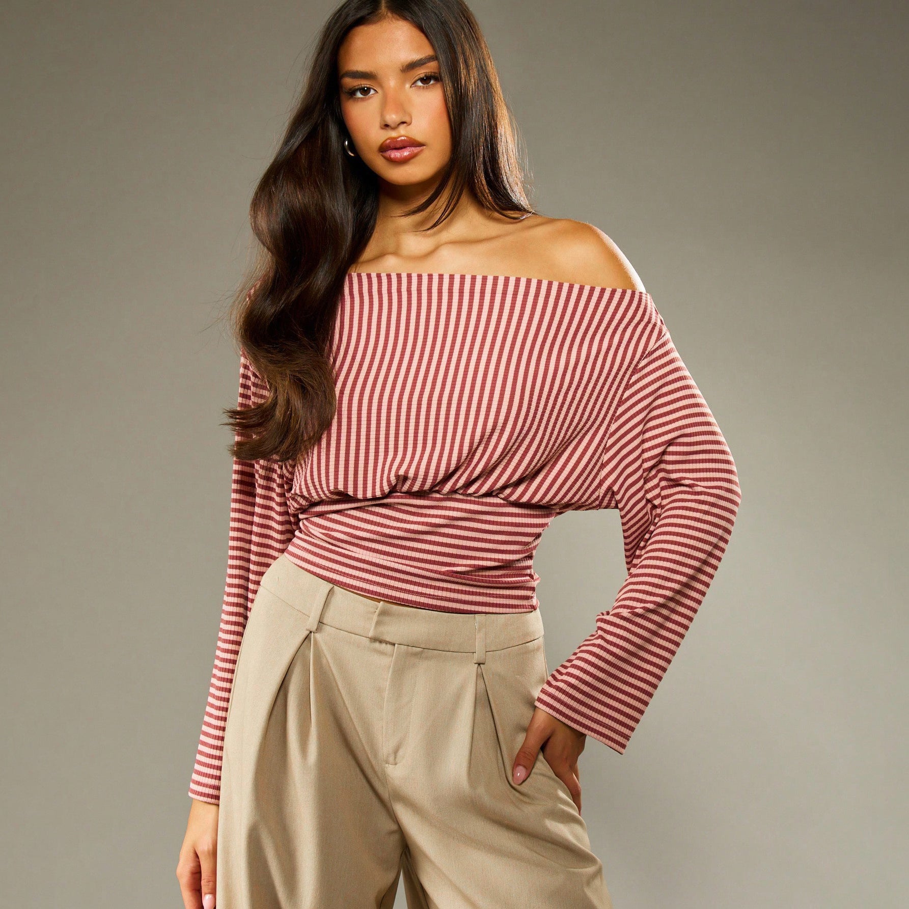 Striped Off‑Shoulder Casual Top – Slim Fit, Trendy Street Style