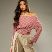 Striped Off‑Shoulder Casual Top – Slim Fit, Trendy Street Style