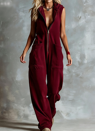Casual Hooded Loose Wide-Leg Pocket Jumpsuit