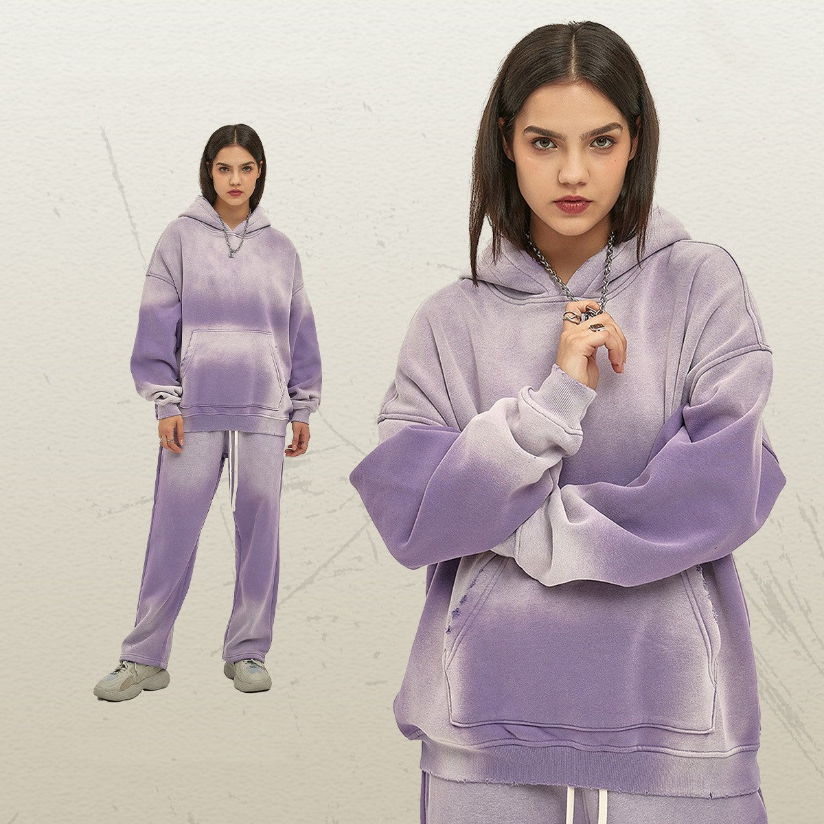 Distressed Fur-Lined Heavyweight Spray-Dyed Hoodie