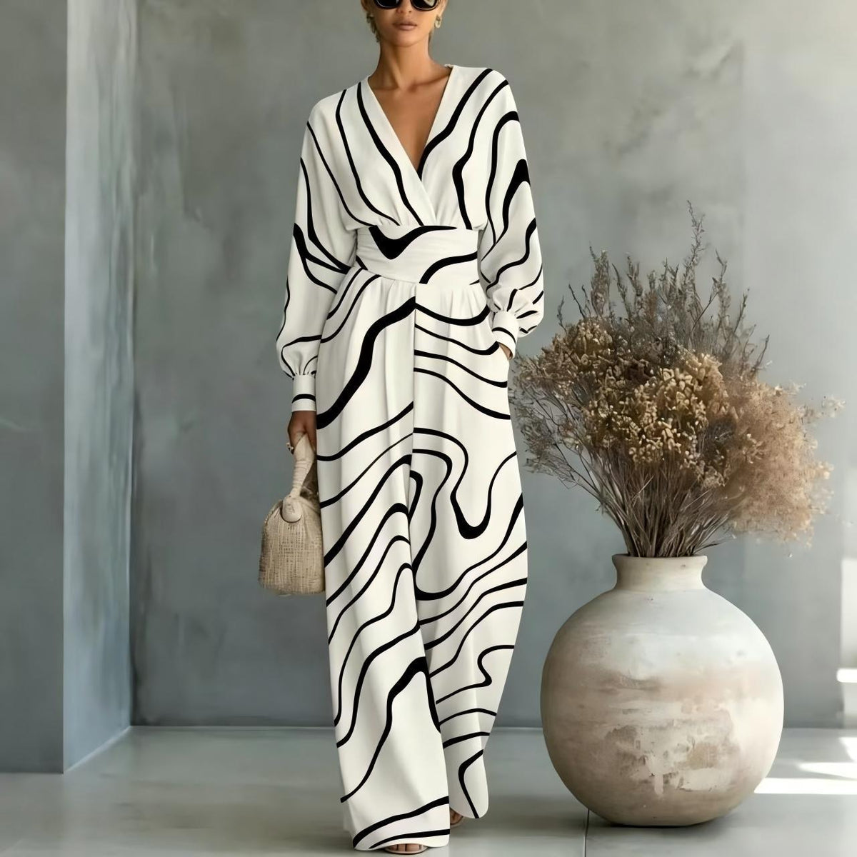 V-neck Long-sleeve Womens Printed Jumpsuit