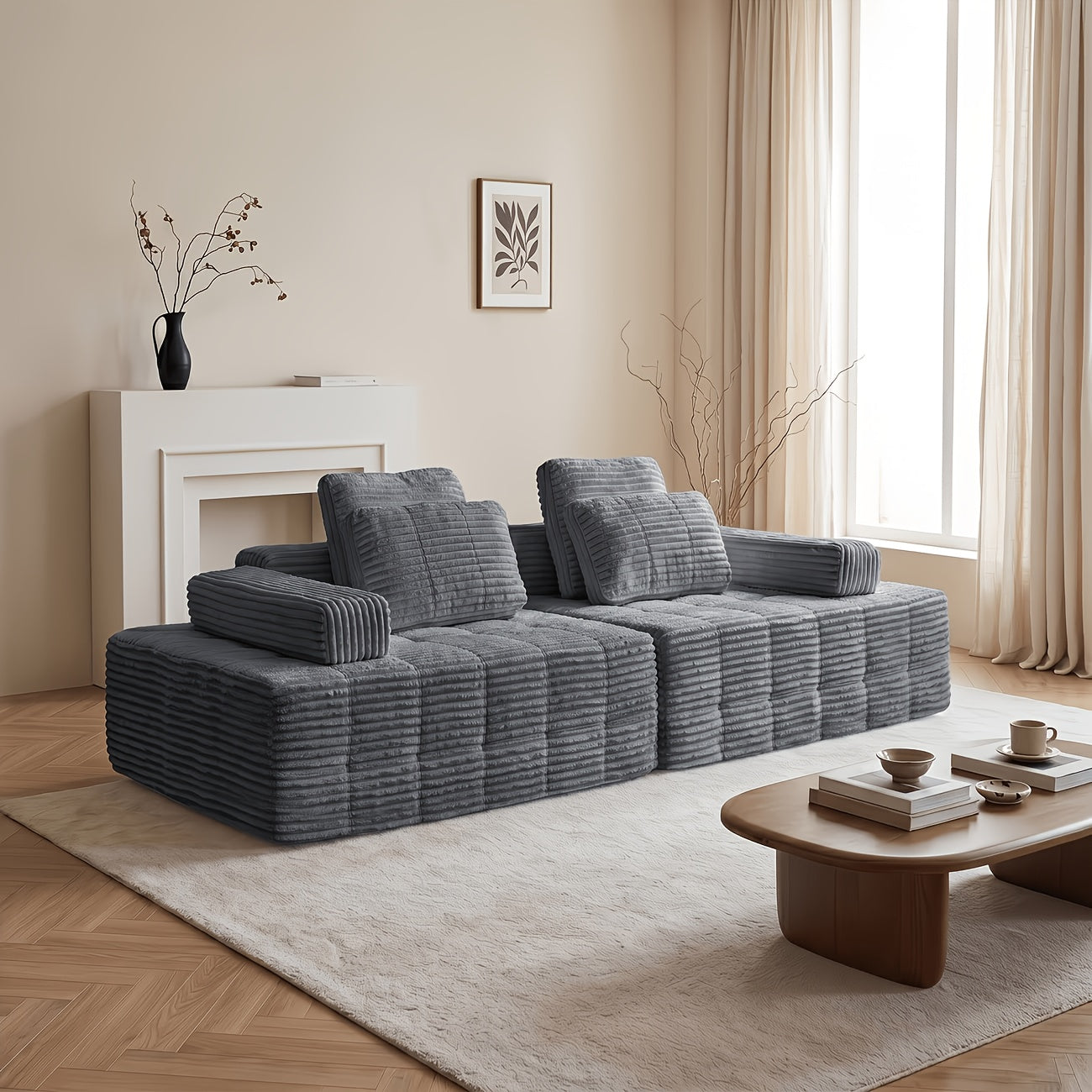 Modular L-shaped chaise longue sofa bed with deep seat and corduroy upholstery
