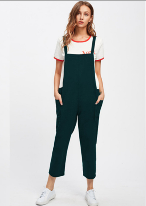 Casual Cotton Pocket Suspenders Cropped Overalls