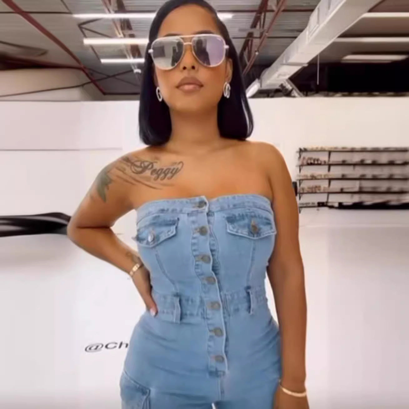 Denim Tube Top Multi-Pocket Workwear Jumpsuit