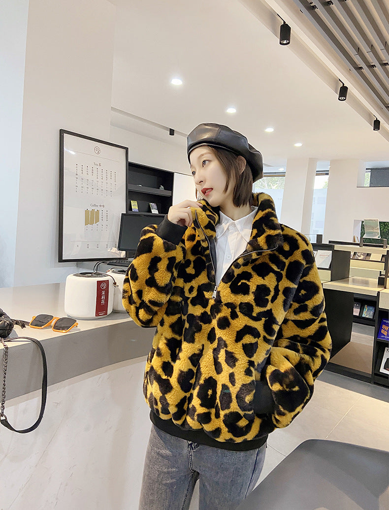 Leopard Print Faux Fur Stitching Women's Winter Sweater