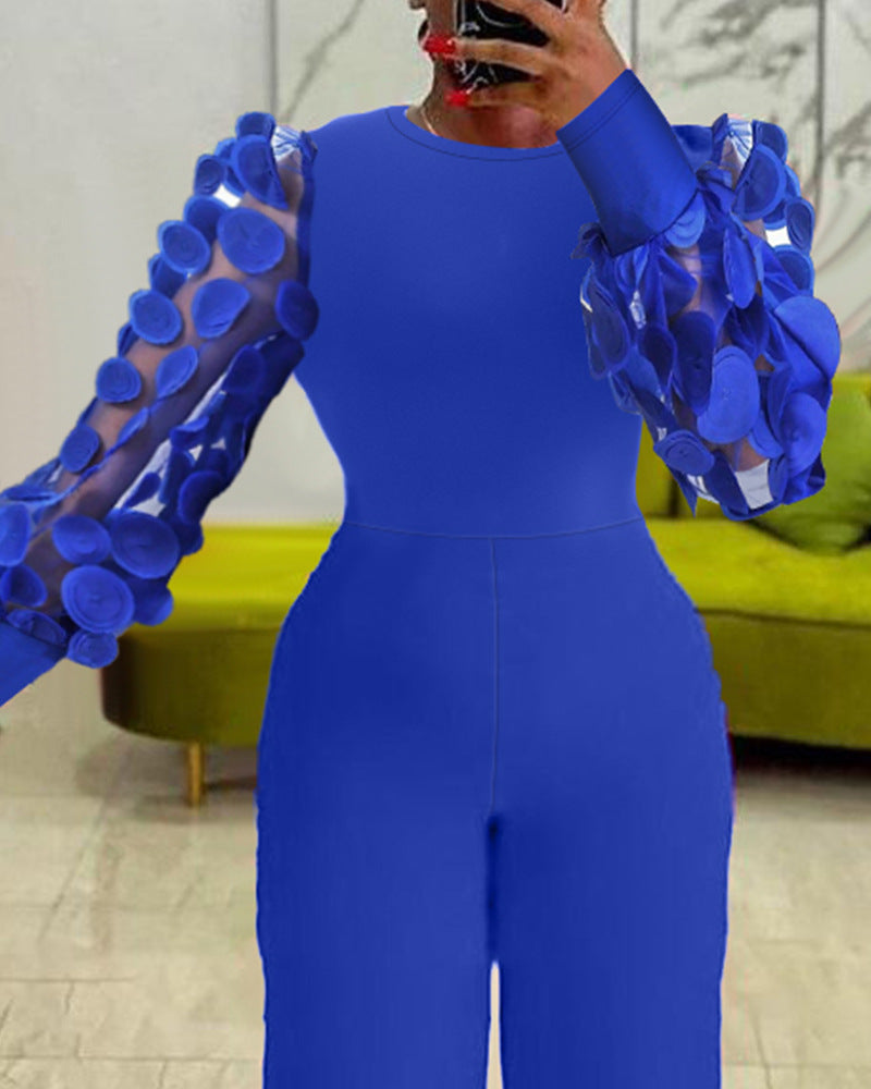 Embroidered Mesh Sleeve Slim Fit Commuter Jumpsuit
